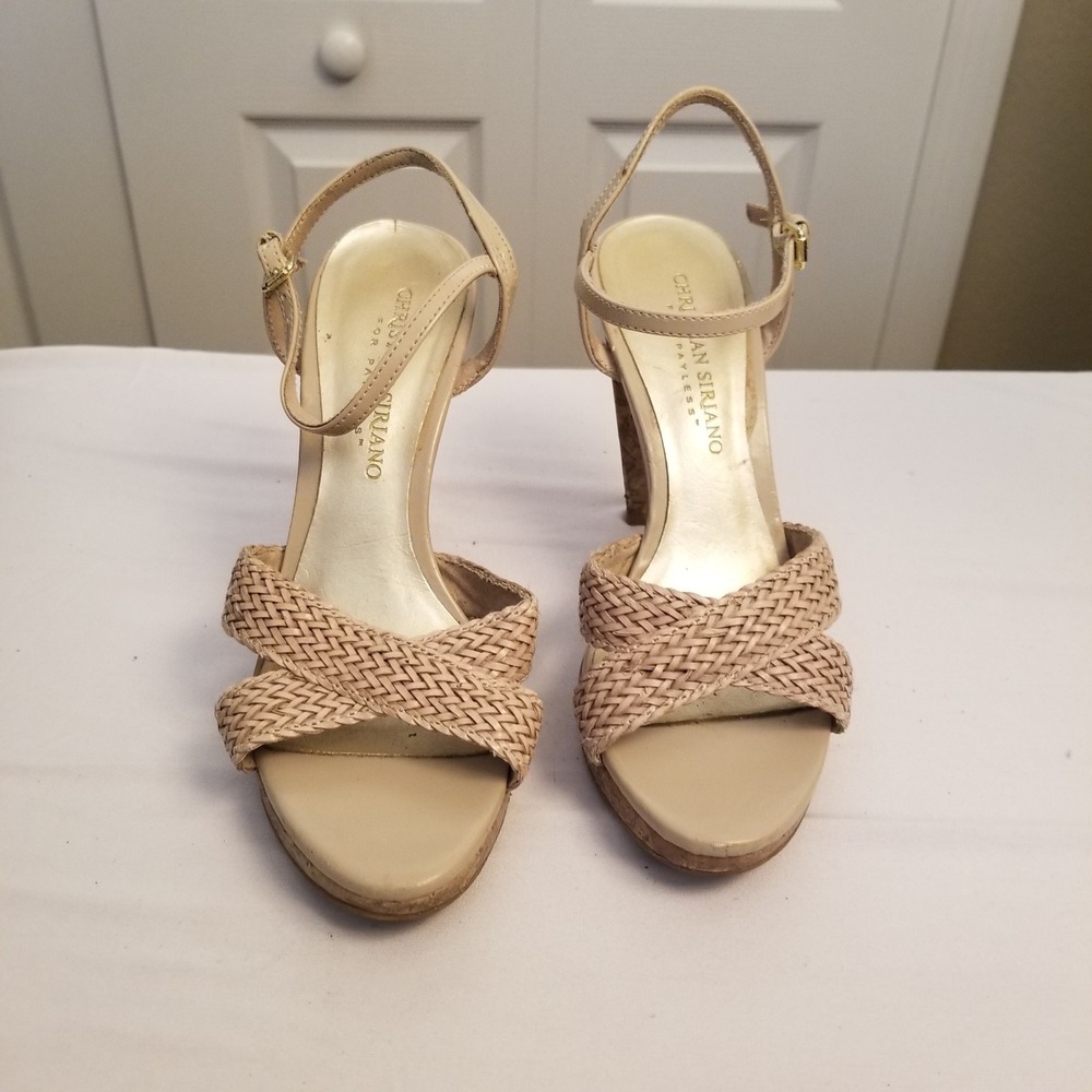 Christian Siriano for Payless Woven Cork Block Heel Platform Sandals Beige Sz 5
